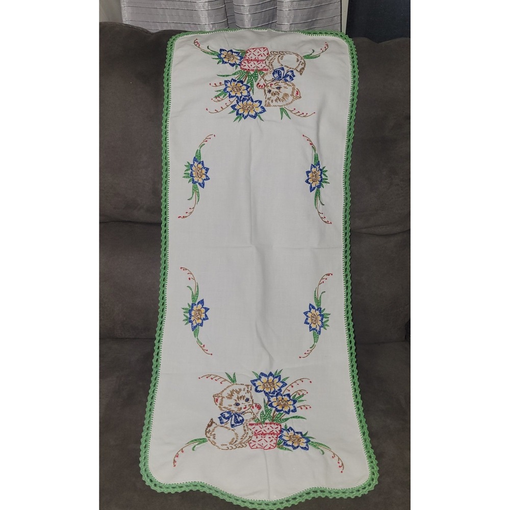 Vintage embroidery Table Top Runner Cloth White Cat Linen Dresser Protector